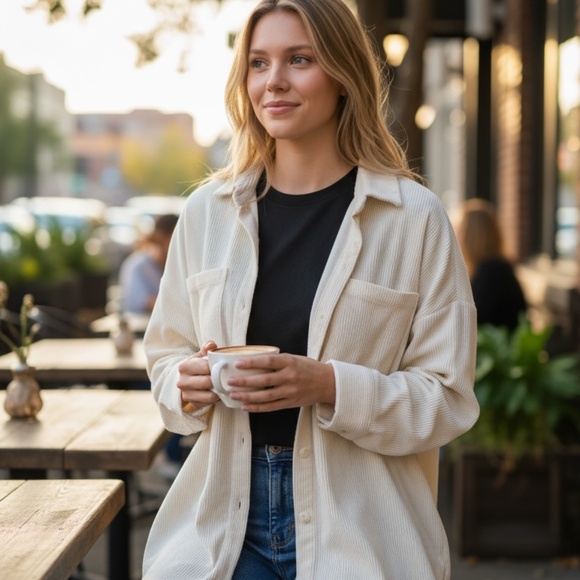 Women's Double Zero Cream White Corduroy Button-up Shirt - Picture 2 of 5
